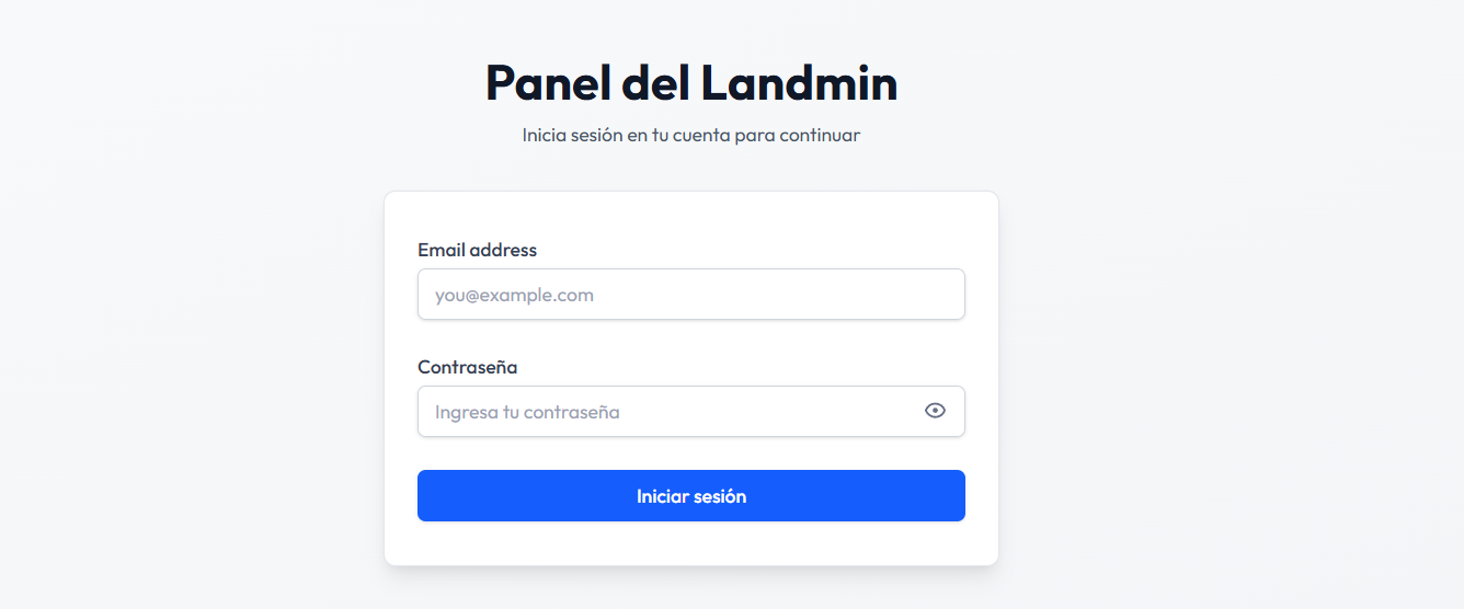 Pantalla de inicio de sesión del panel Landmin