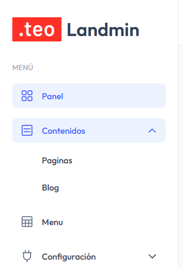 Menú lateral del panel con Contenidos, Menú y Configuración