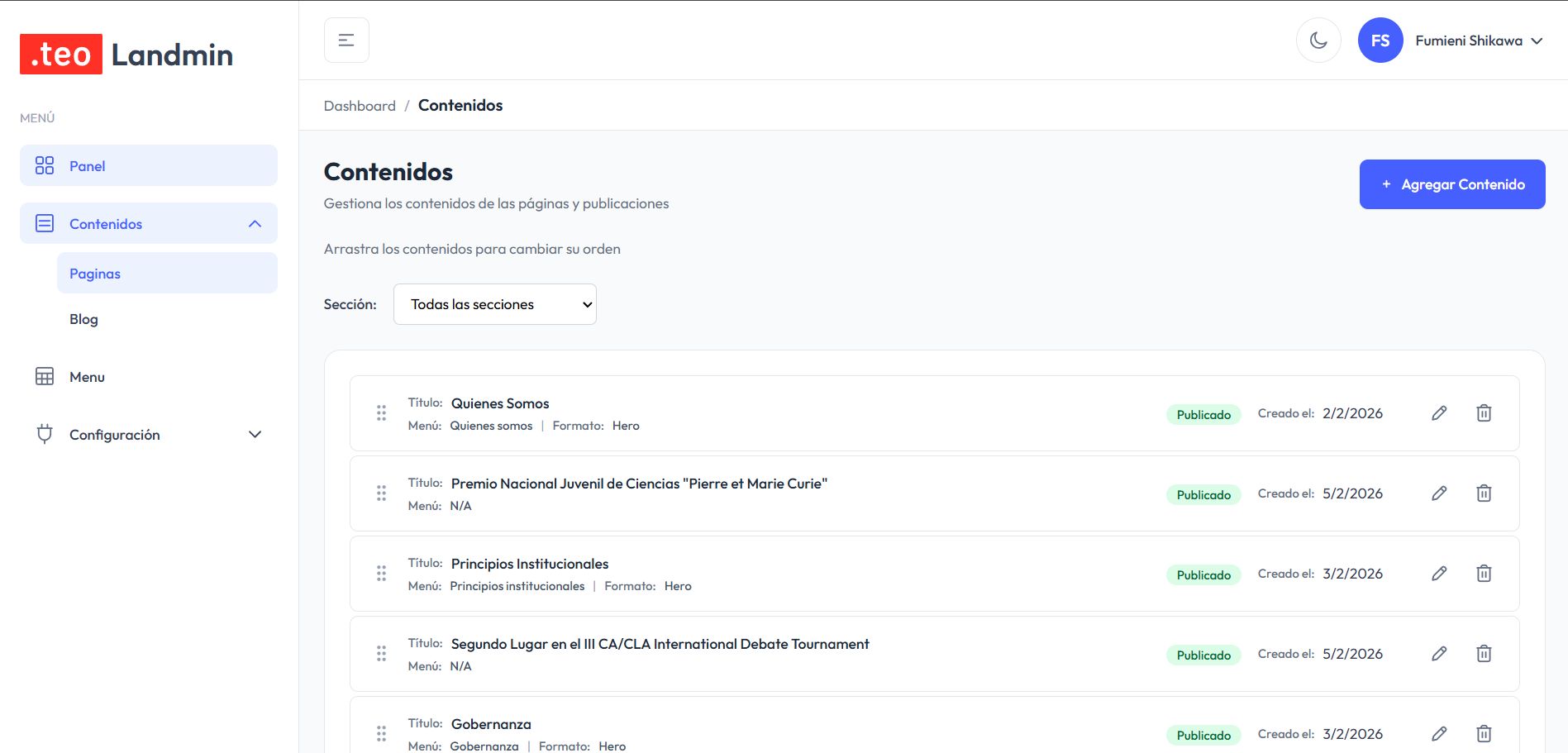 Lista de contenidos de páginas