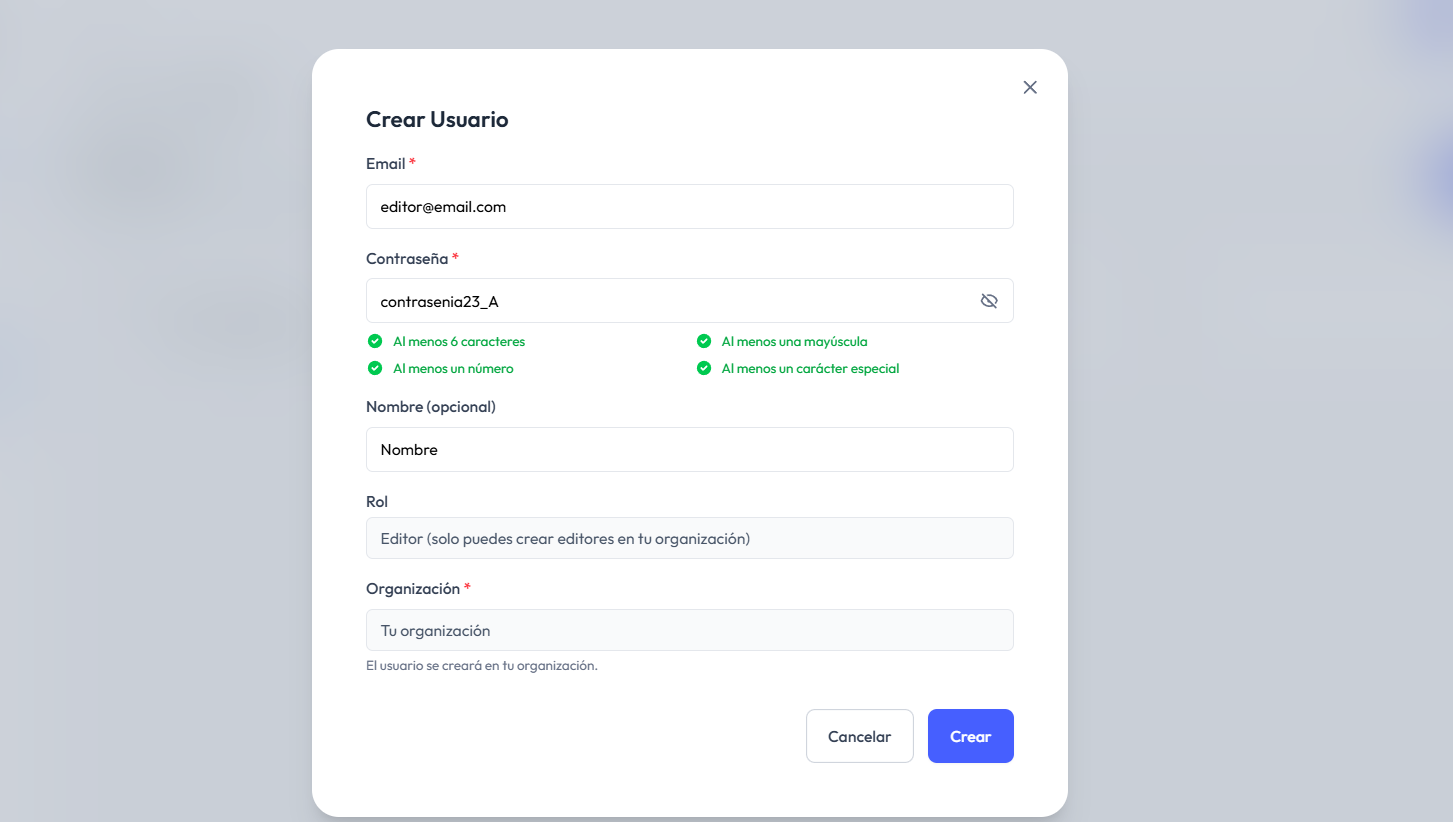 Formulario para crear un nuevo editor